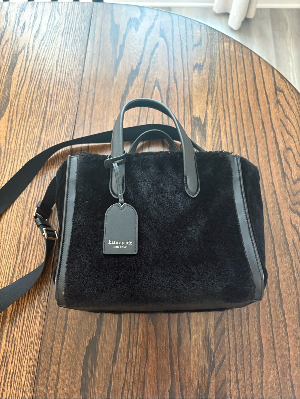 kate spade Black Shearling Messenger Satchel with Leather Trim